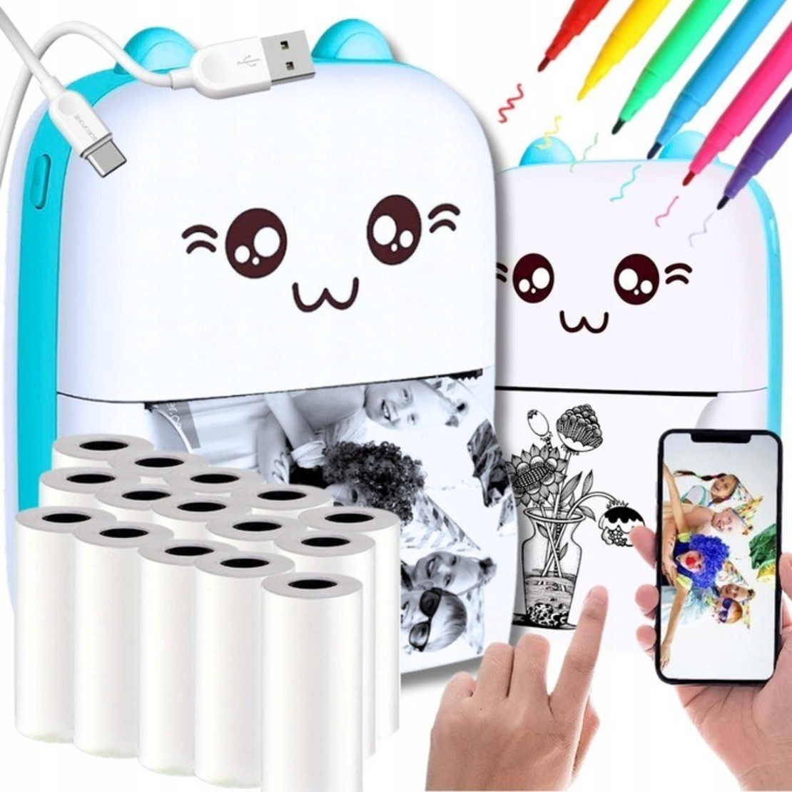 Mini Imprimanta Foto Portabila, Flippy, Incarcare USB, Bluetooth, Model Ursulet, 12 x 9 x 5 cm, Alb Albastru