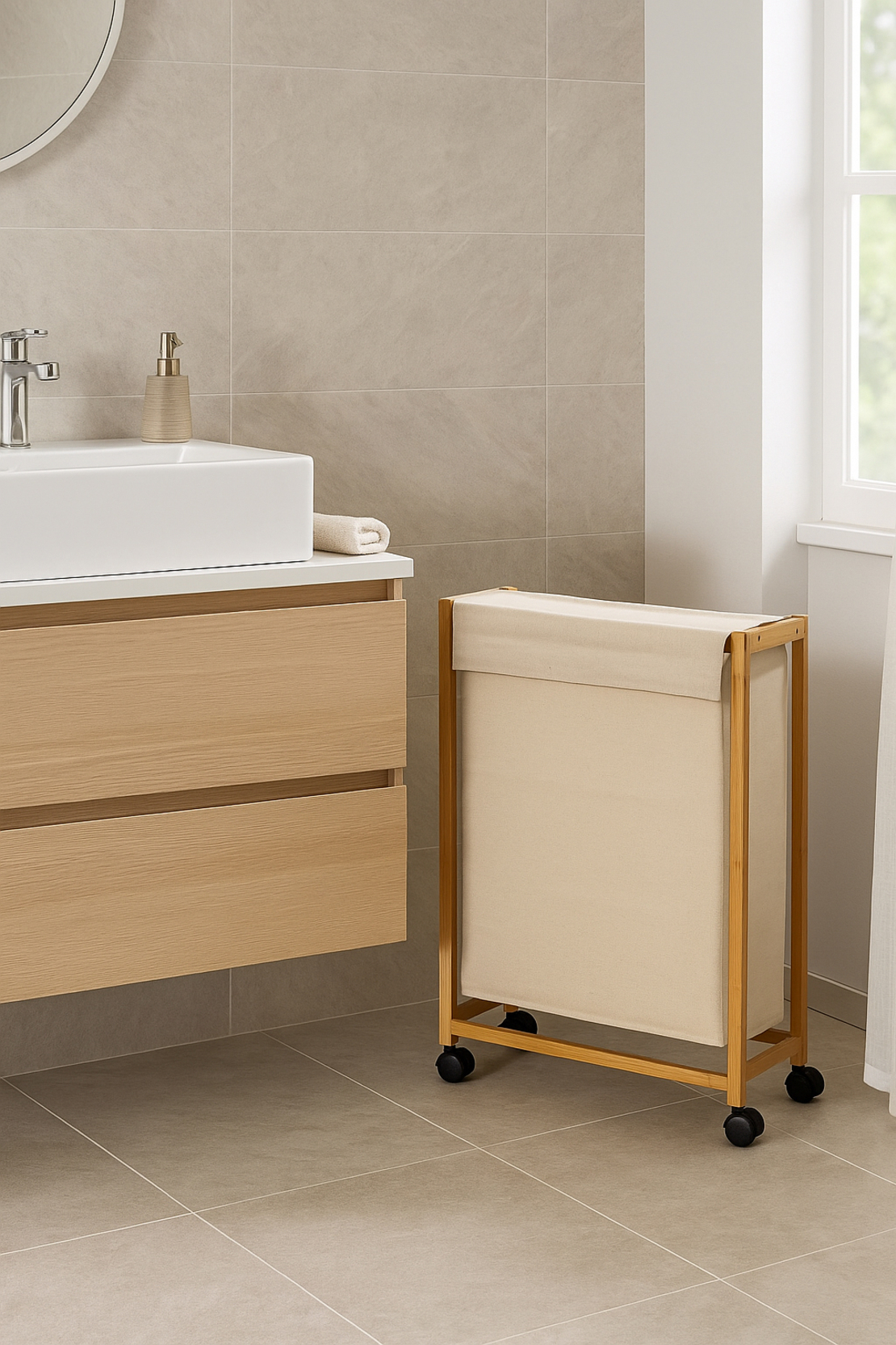 Cos rufe 5Five Bambou pe roti, cadru bambus, 52 litri, 55x28x80 cm, bej