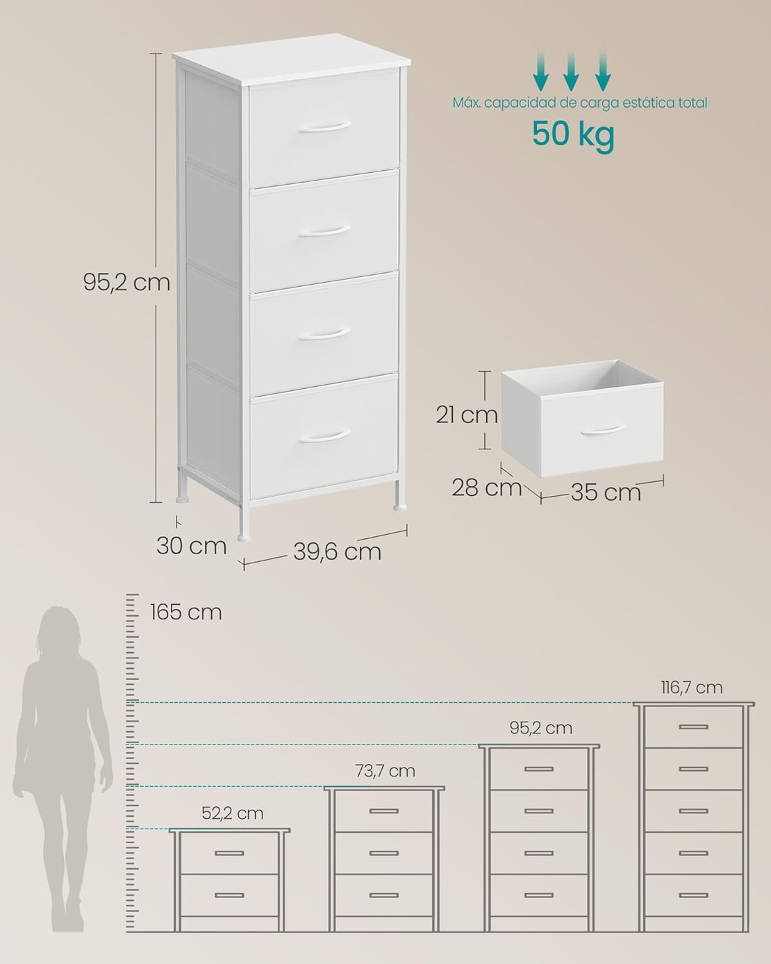 SONGMICS Comoda cu 4 sertare textile, cadru metalic si blat MDF, 40x30x95 cm, alb