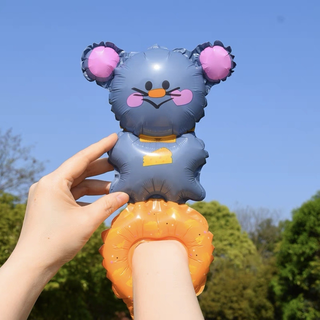 Balon din Folie Metalizata, Vafy, Figurine Animalute, Tip Bratara, Model Soricel, Ambalaj Individual, Pai Inclus, Umflare cu Aer sau Heliu, Gri