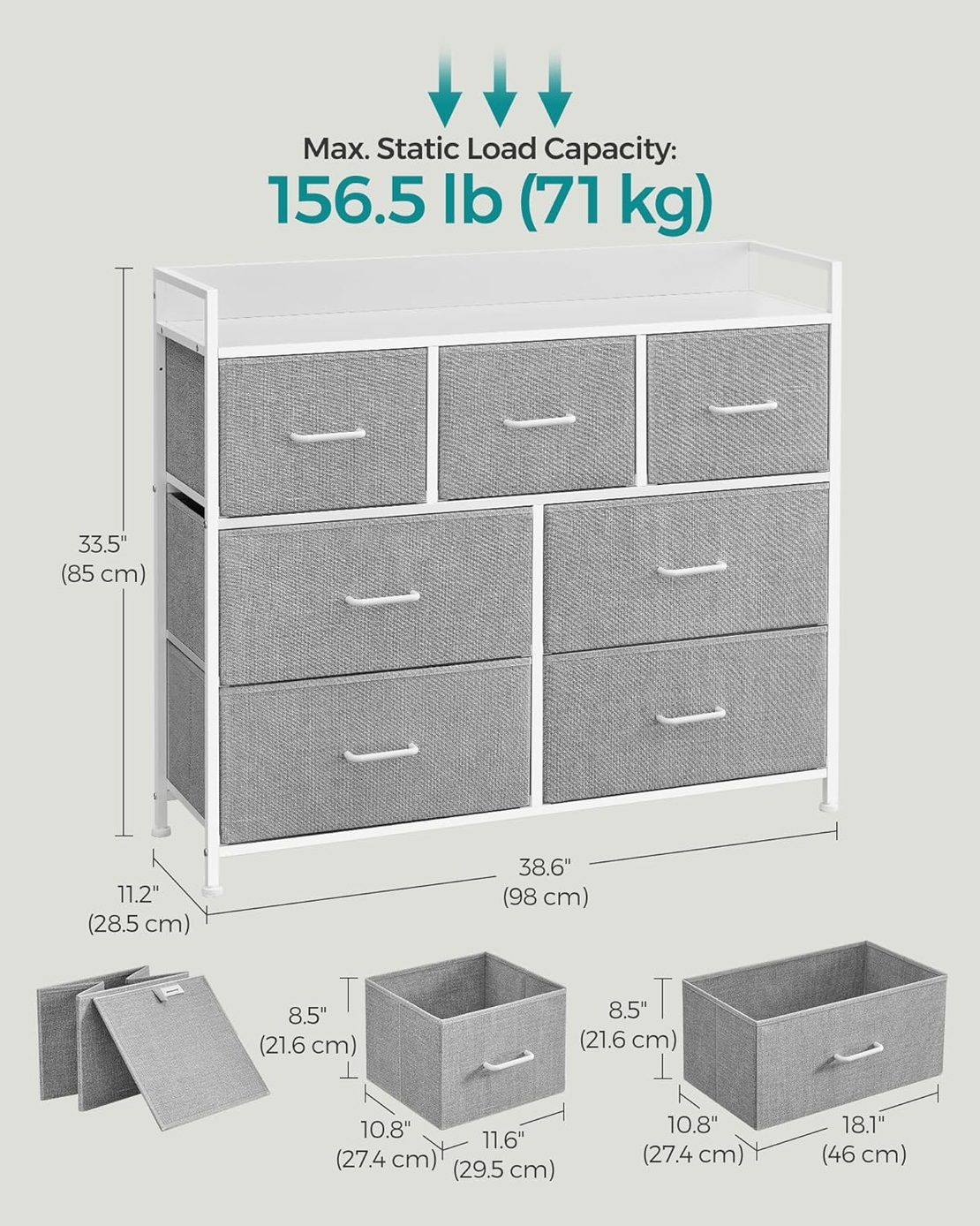SONGMICS Comoda cu cadru metalic si 7 sertare din stofa, 29x98x85 cm , gri si alb