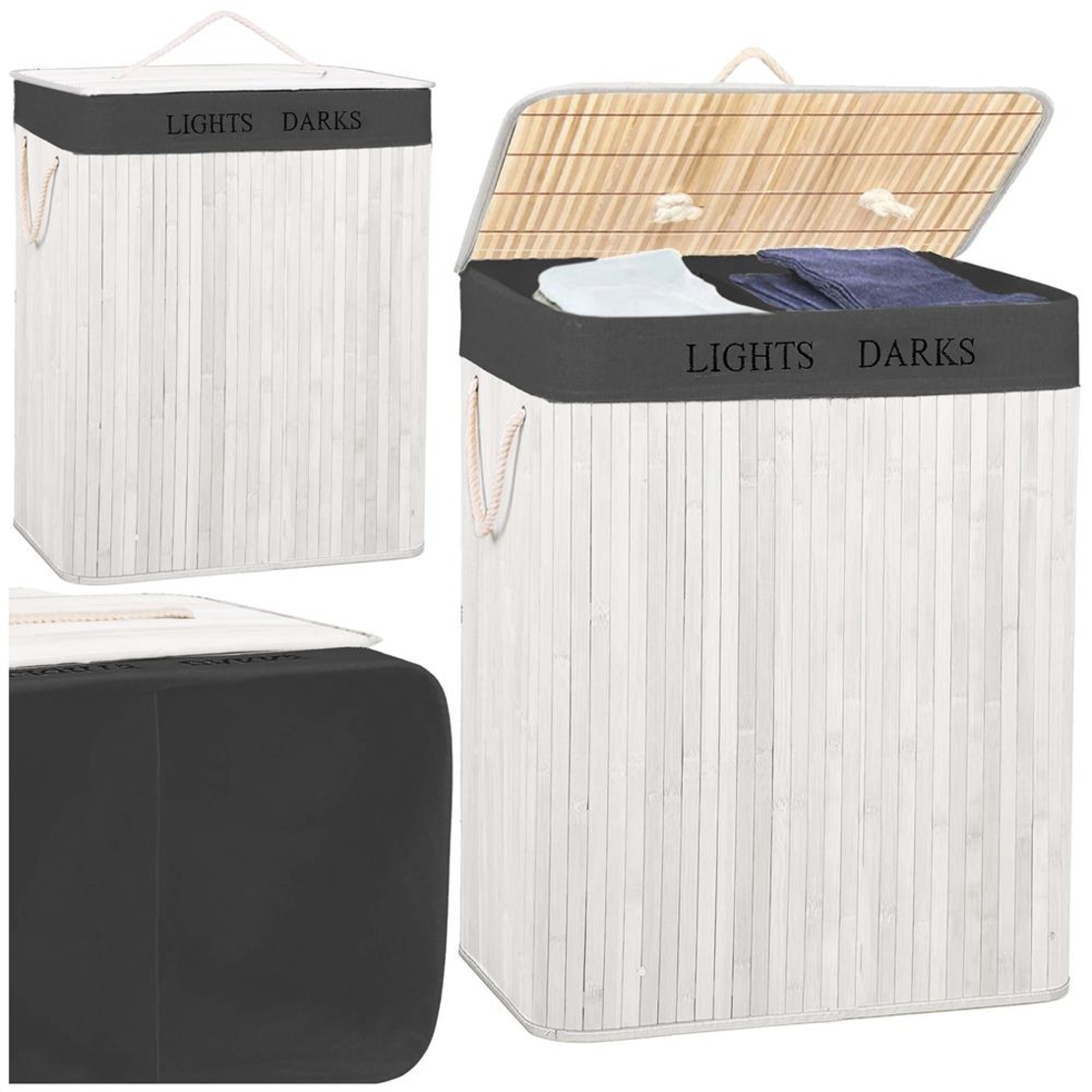 Cos pentru rufe din bambus, pliabil, cu 2 compartimente, volum 105 L, 63x52x33 cm, alb si gri inchis
