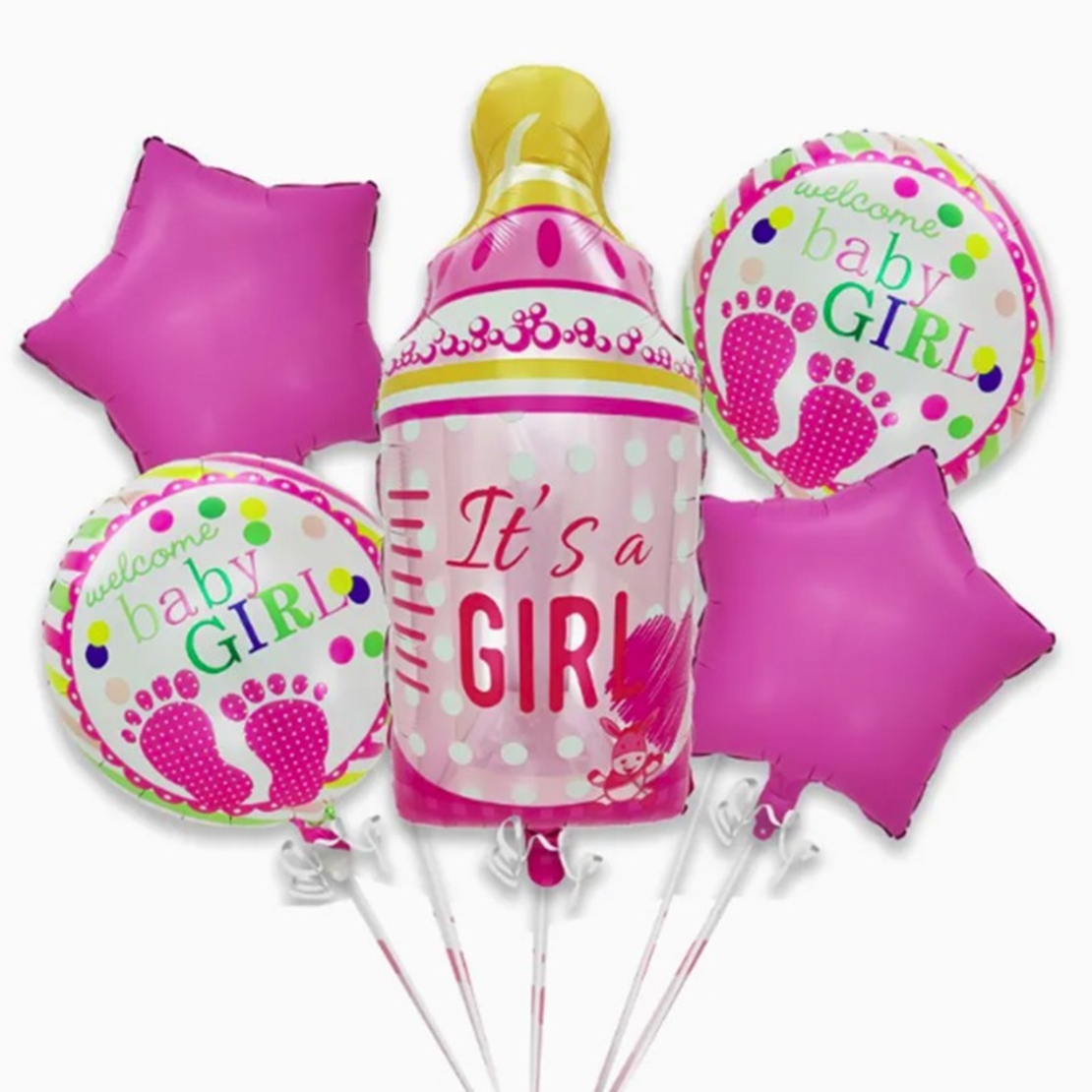 Baloane decorative GENDER REVEAL PARTY, Vafy, Figurina Sticluta, Model IT'S A GIRL, Set din 5 baloane, 40 x 77 cm, pentru Botez, Roz