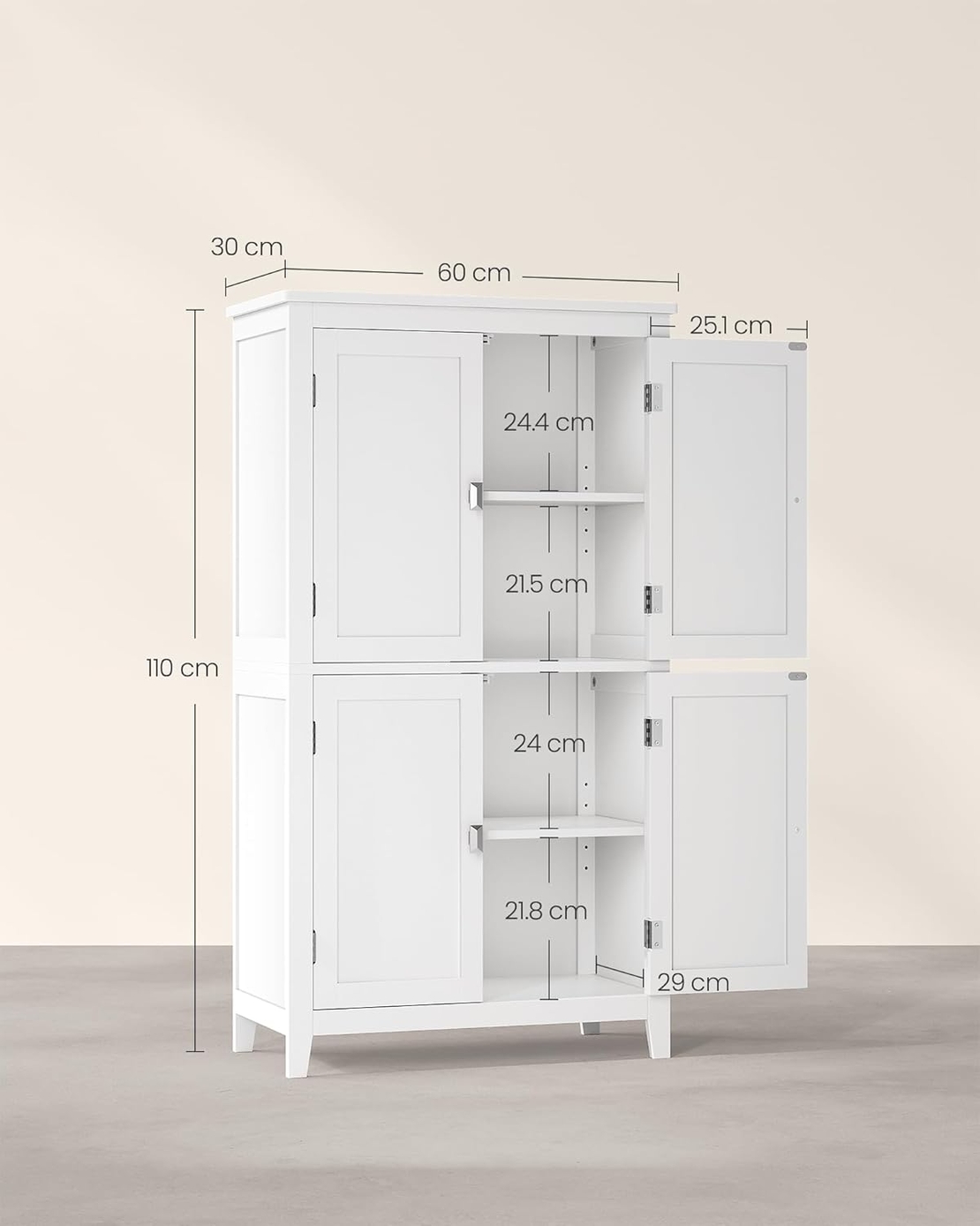 VASAGLE Dulap de baie, din MDF, cu 2 compartimente si 4 usi, rafturi reglabile, 30x60x110cm, alb