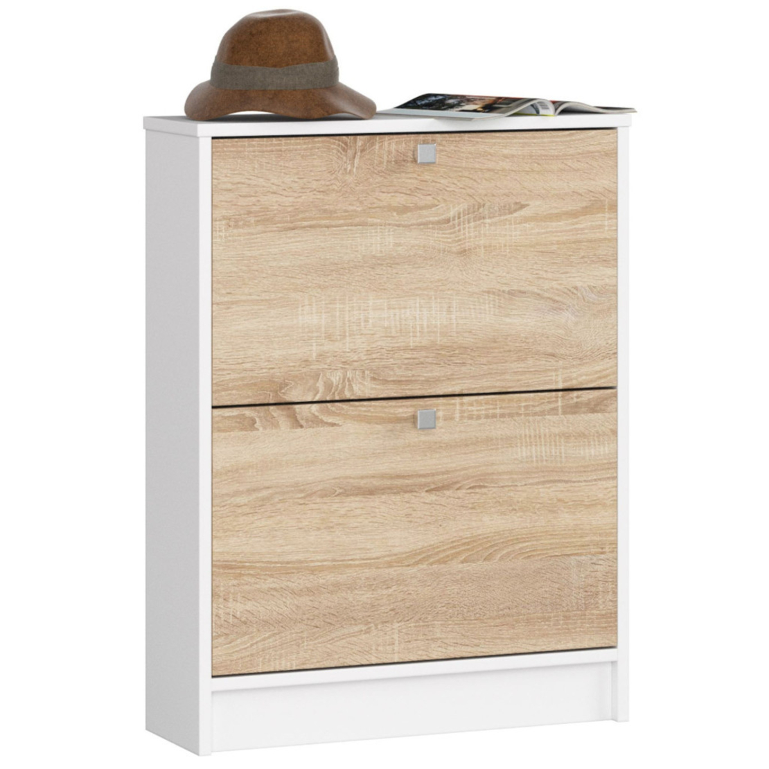 Dulap pantofi cu 2 usi rabatabile, PAL laminat 16 mm, 60x20x80 cm, alb si stejar sonoma