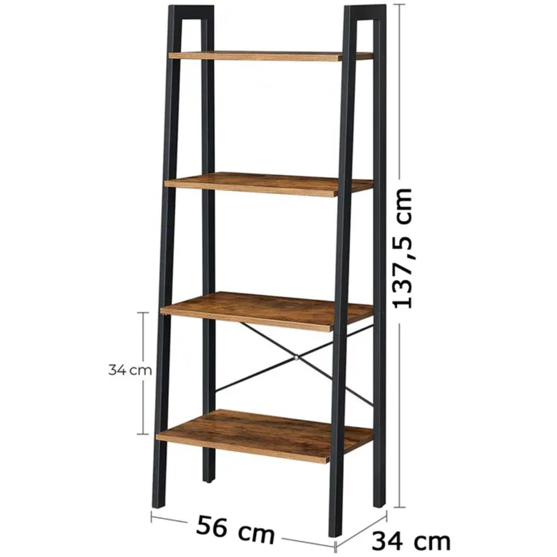 VASAGLE Biblioteca tip scara, cadru otel cu 4 polite din MDF, stil industrial, 56x34x138cm, maro rustic