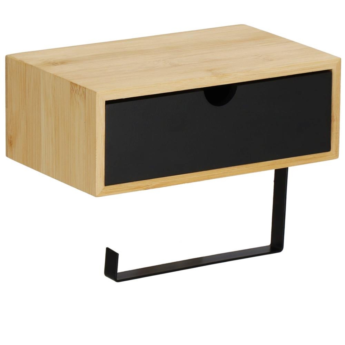 Suport hartie igienica din otel cu sertar depozitare, sistem montare inclus, 22cm, negru bej