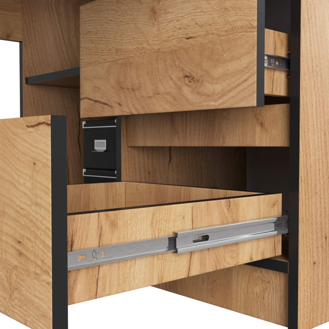 Birou colt dreapta in L cu 3 sertare si rafturi, PAL laminat 16 mm, 155x85x77 cm, stejar craft
