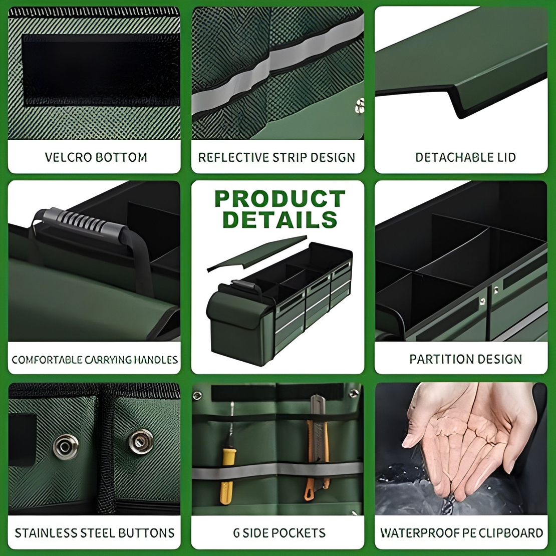 Organizator Auto pentru Portbagaj, Flippy, Model Pliabil, din Panza, cu Geanta Termoizolanta Detasabila, 3 Compartimente, Curele Ajustabile, 90 x 35 x 30 cm, Verde