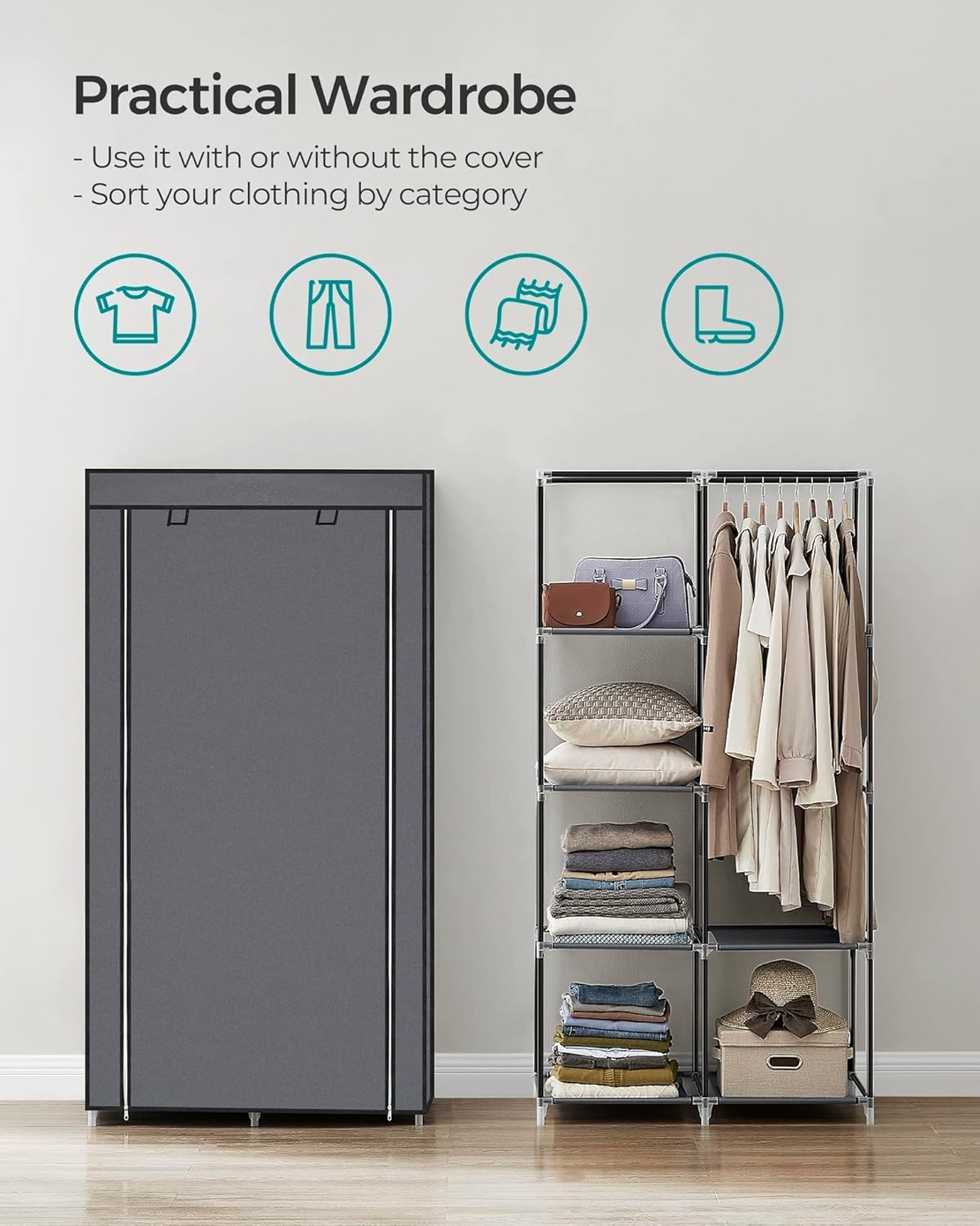 SONGMICS Garderoba pentru depozitarea hainelor, din material textil, design personalizabil, 45x88x168 cm, gri