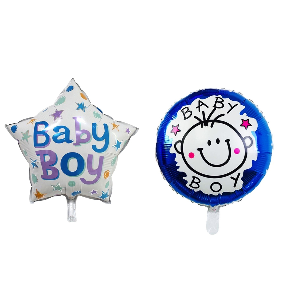Set 2 Baloane din Folie Metalizata, Vafy, Figurine Stea si Cerc, Tema Botez Baietel, 45 cm, Ambalaj Individual, Pai Inclus, Umflare cu Aer sau Heliu, Albastru