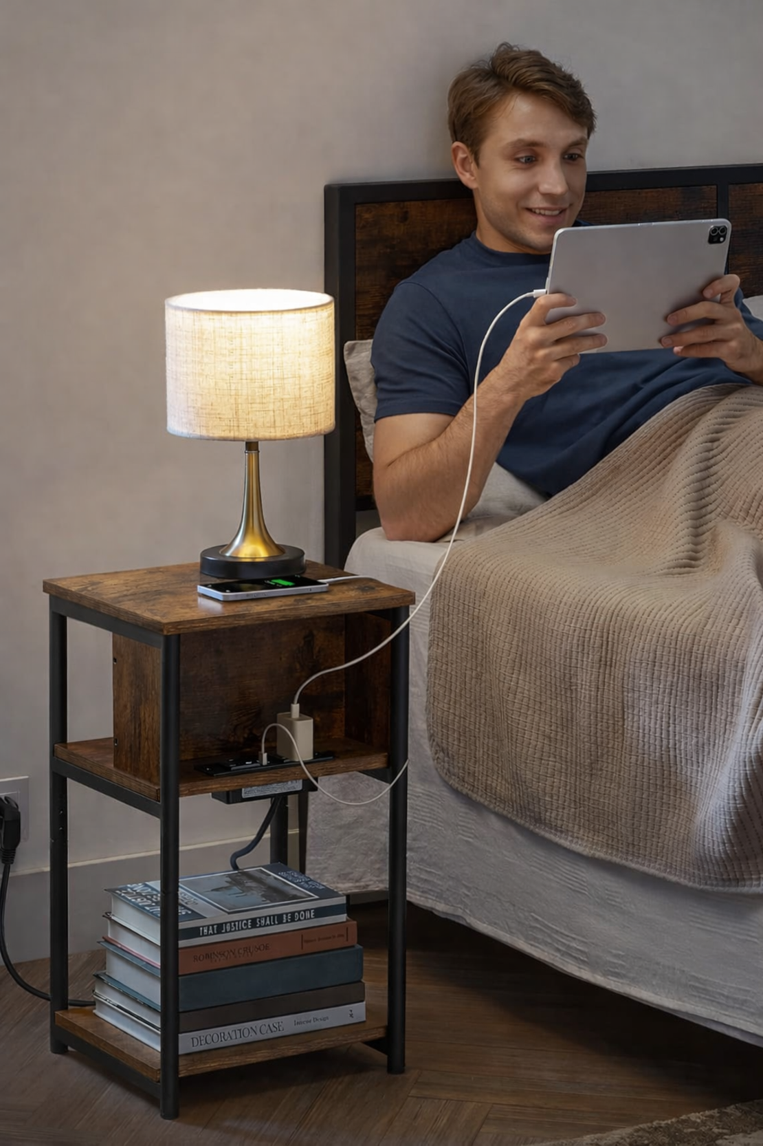 VASAGLE Noptiera cu prize si USB, 3 rafturi, stil industrial, 30x34x58 cm, maro rustic
