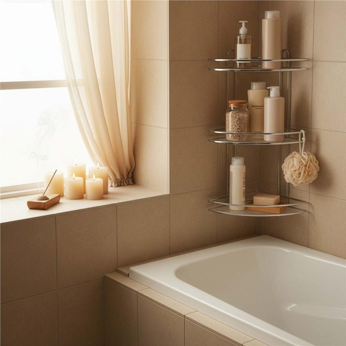 Etajera de colt pentru dus, cu 3 polite, montaj pe perete, inox, 25x25x59 cm, argintiu