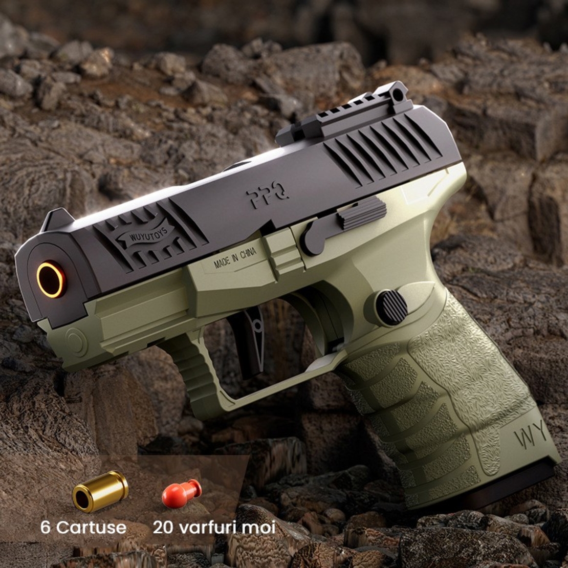 Pistol de jucarie GX4 cu Ejectie, Vafy, de Explozie de buzunar, Makara BLOWBACK, Gloante Moi pentru Copii, 15 x 13 x 3.5 cm, Negru Verde deschis