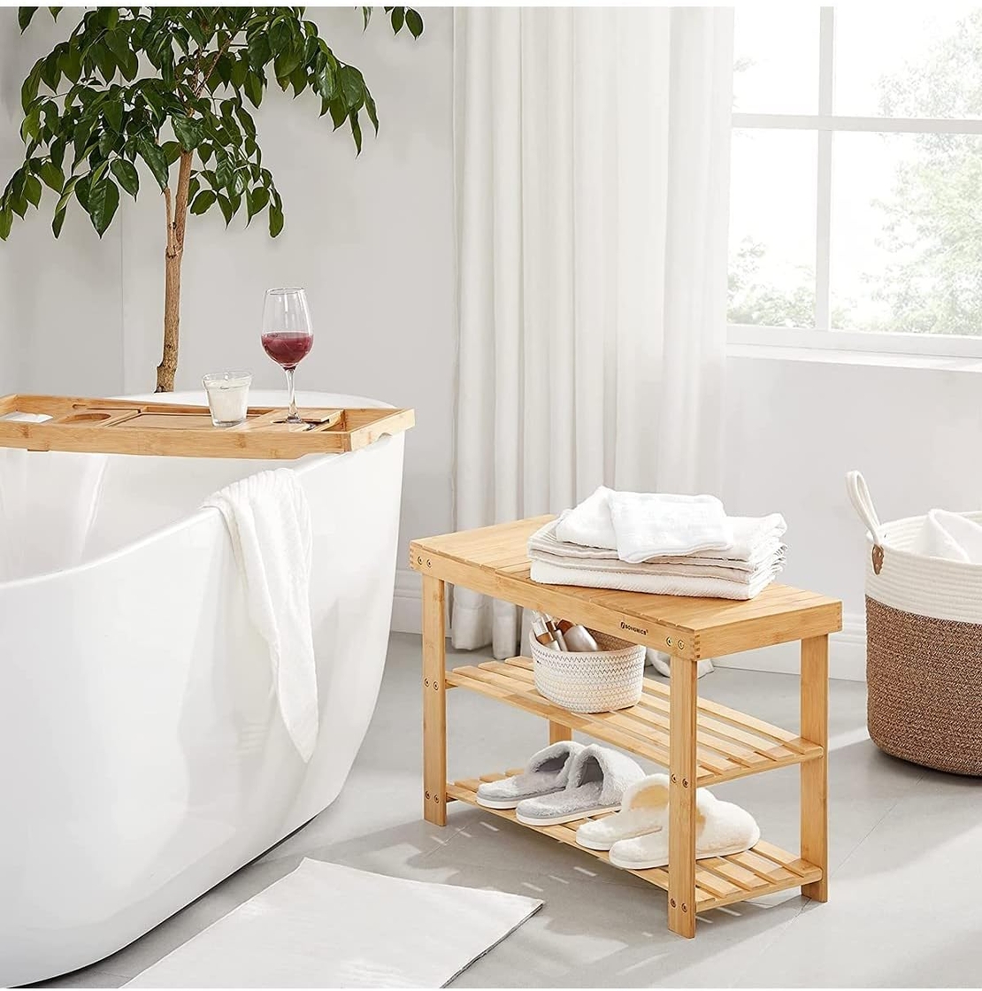 SONGMICS Raft de depozitare din bambus, cu 3 niveluri, 28x70x45cm, maro