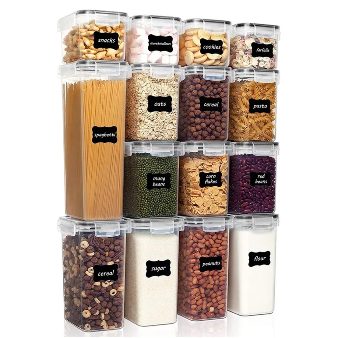 Cutii de depozitare alimente, Flippy, Set din 15 Cutii pentru Condimente, Cereale, Cutii pentru Bucatarie, din Plastic PP, Cutii Alimentare, Diferite Dimensiuni, Transparente