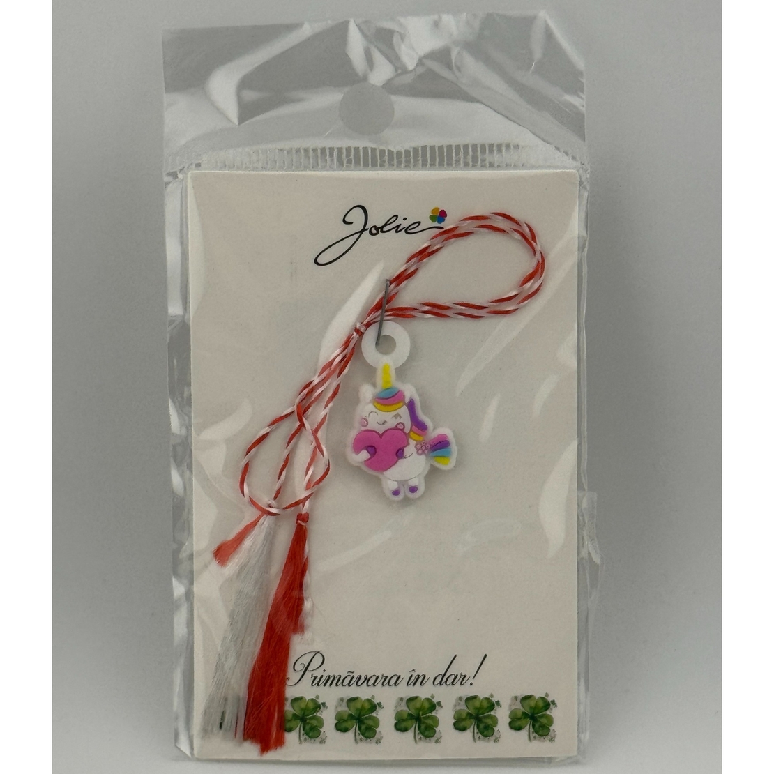 Martisor pentru Copii, Jolie, Material Cauciuc, Ambalaj Carton cu Design, Multicolor, Model Unicorn si Inima
