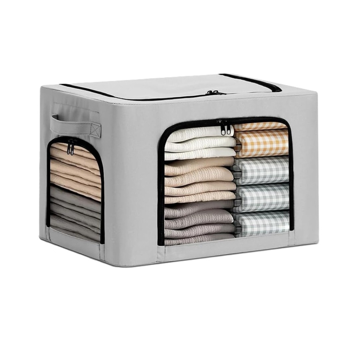 Cutie de Depozitare, Vafy, cu 3 Ferestre cu Fermoar Bidirectional, Cadru din Otel, Impermeabil, 38L, 42 x 30 x 30 cm, Gri