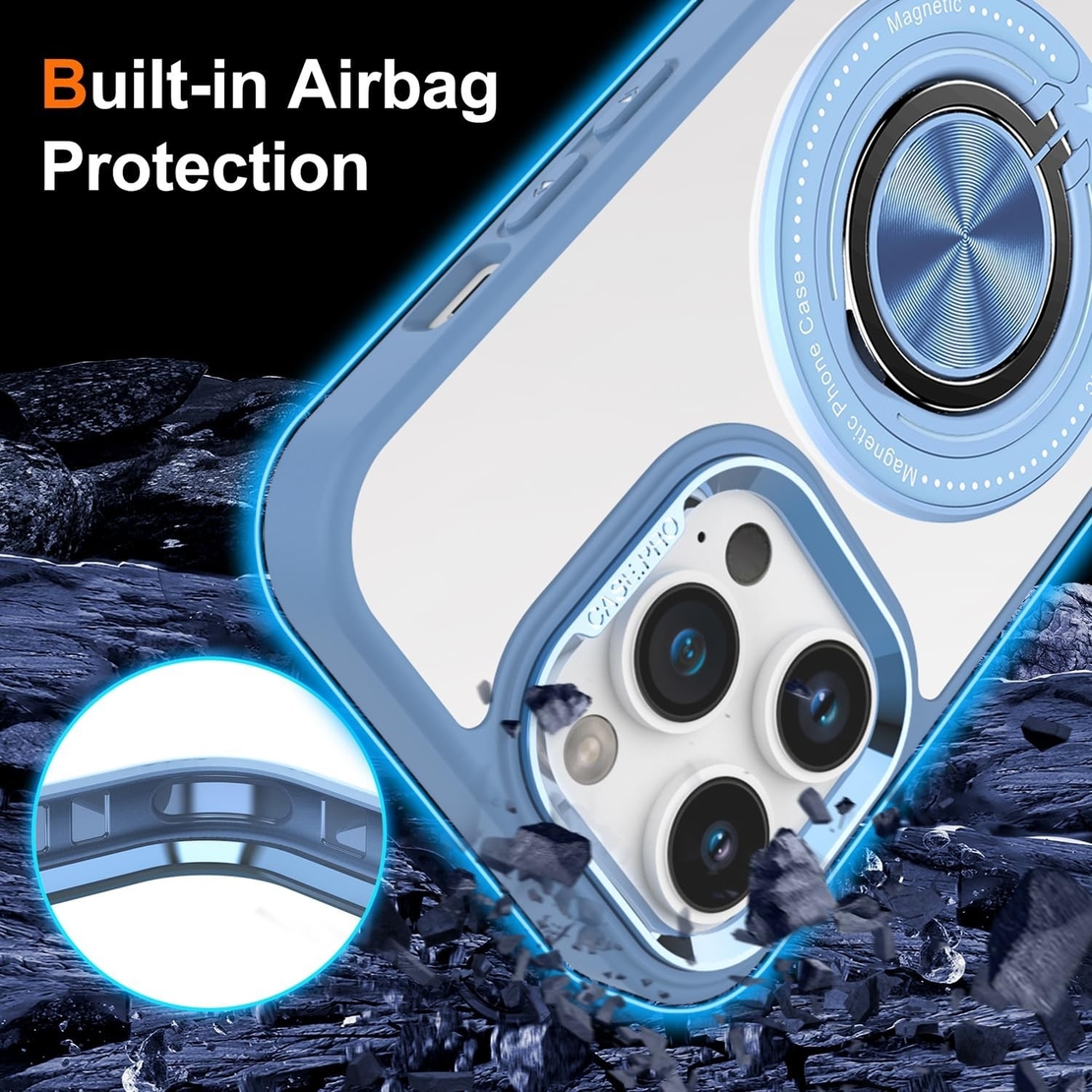 Husa de Protectie TPU, Vafy, pentru iPhone 16 Pro Max, Anticadere, cu Incarcare Wireless, Tehnologie Magsafe, Inel Magnetic Rotativ cu Functie de Suport, Transparent-Albastru Deschis
