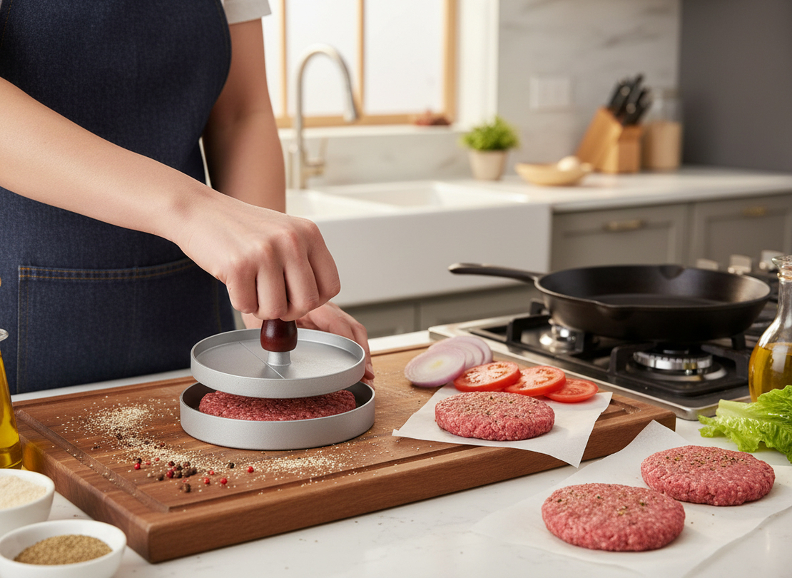 Presa pentru burgeri din aluminiu cu maner din lemn, 12x7 cm, gri