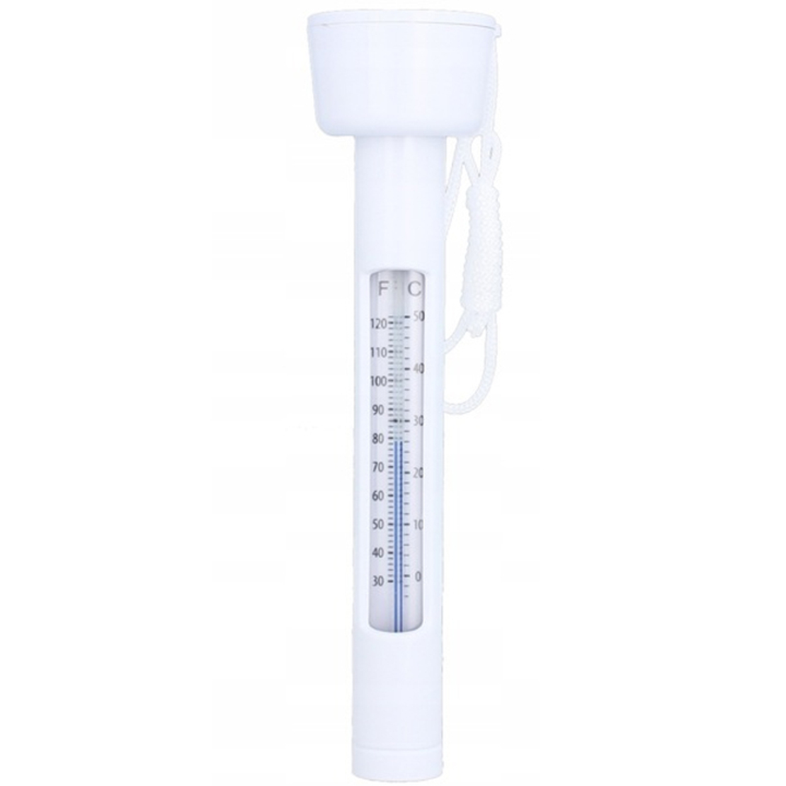 Termometru plutitor pentru piscina, cu snur de prindere si scala dubla, 18,5 cm, alb