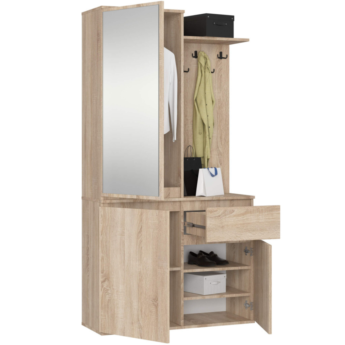 Set hol Entro cu oglinda, cuier si spatii de depozitare, PAL laminat 16 mm, 95x35x183 cm, stejar sonoma