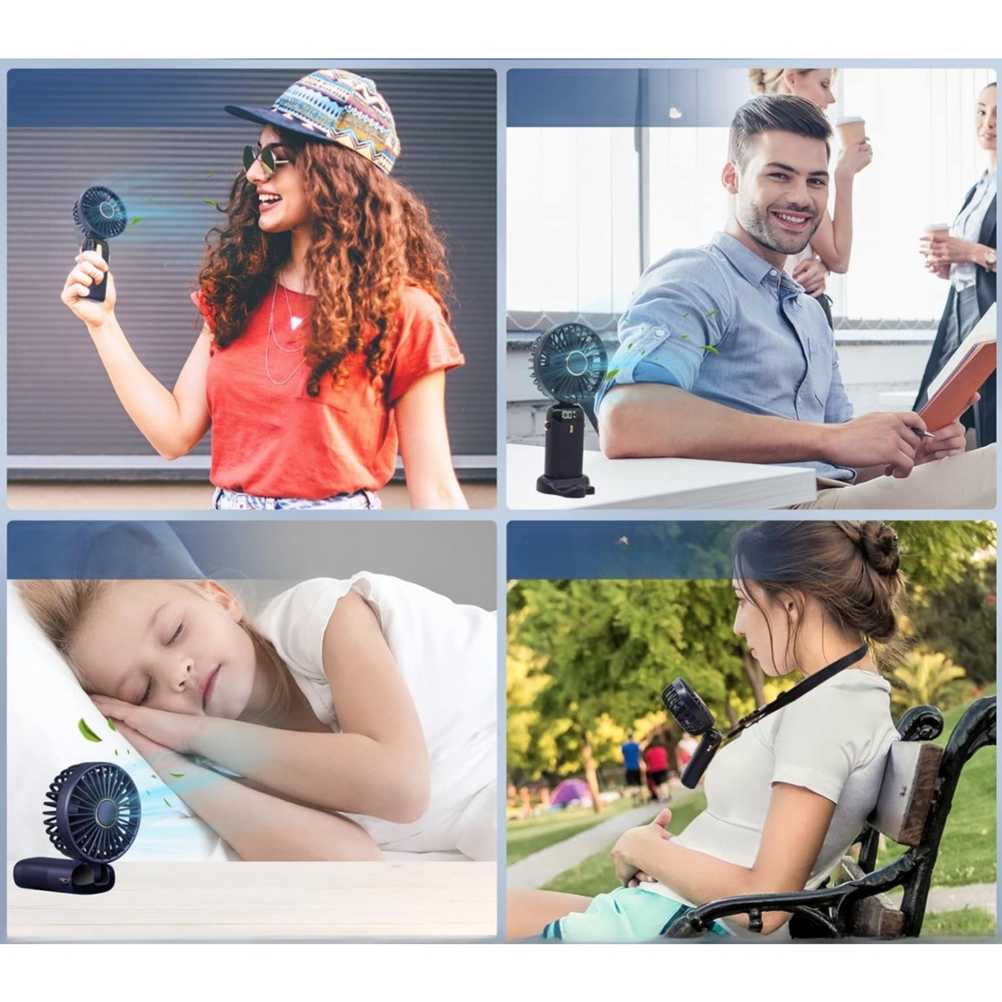 Ventilator Ultra Portabil cu Aromaterapie, Vafy, 3 in 1, de Mana, de Birou, de Gat, 5 Trepte de Viteza, Incarcare USB, Autonomie 12h, Pliabil, cu Ecran LCD, Albastru