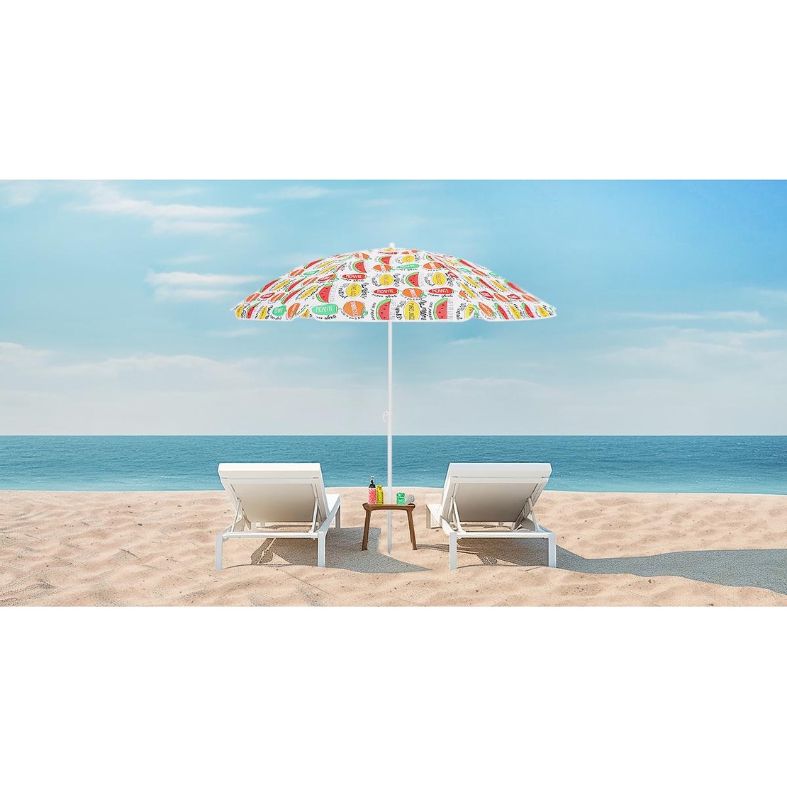 Umbrela plaja 180 cm cu imprimeu fructe, structura otel, reglabila pe inaltime si inclinare, multicolor
