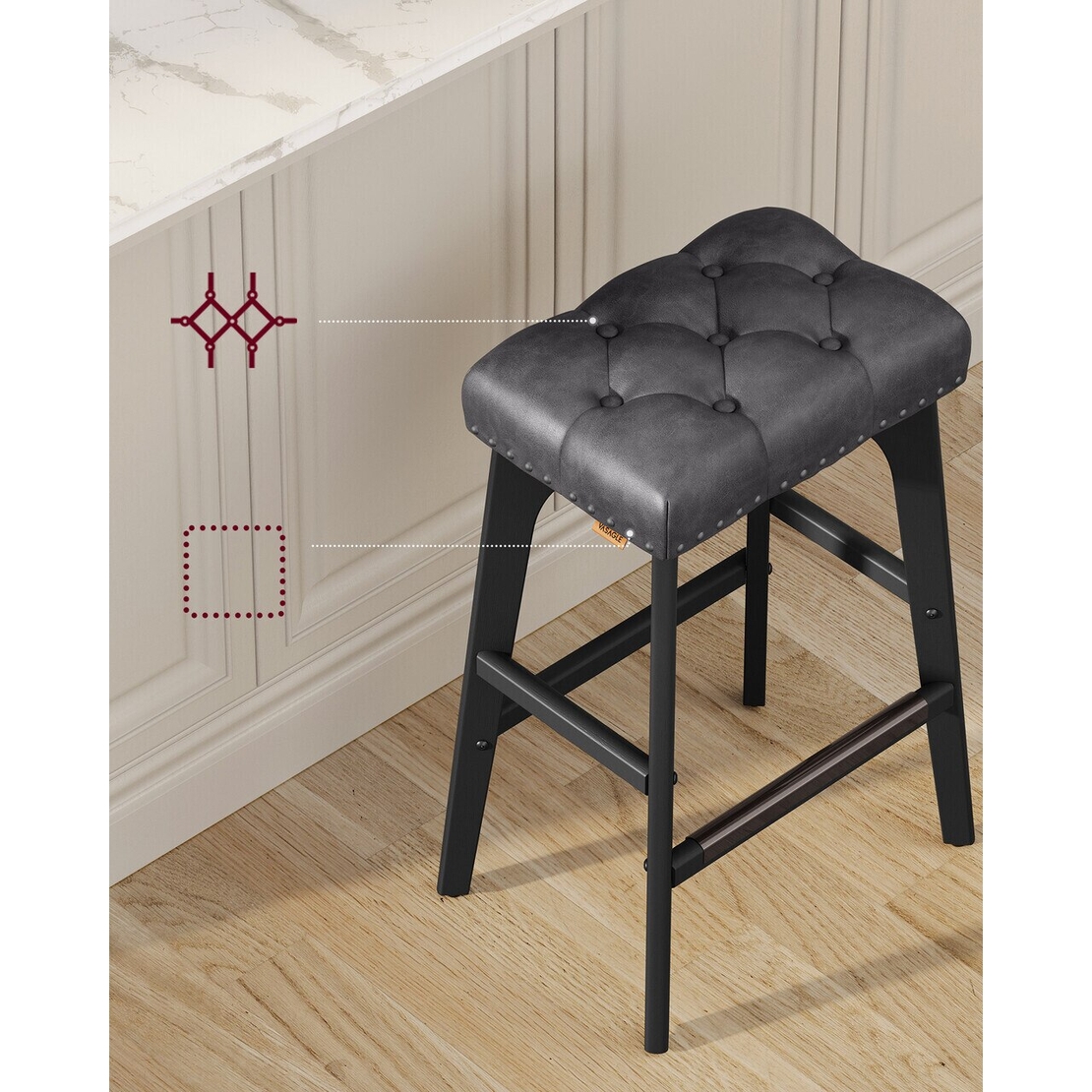 VASAGLE Set 2 scaune bar cu tapiterie piele ecologica, picioare din lemn, 44x32x66 cm, negru