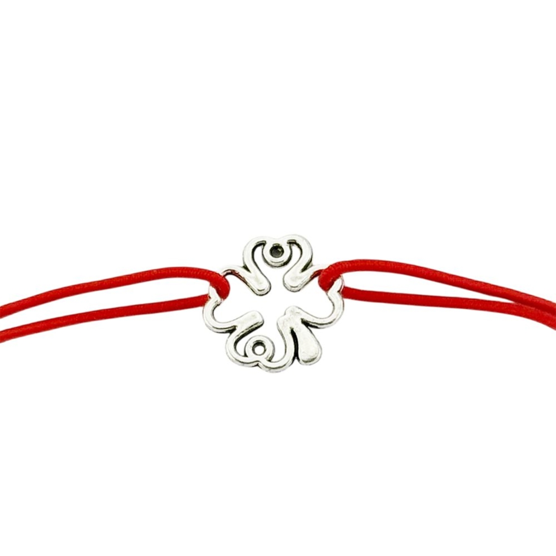 Martisor Bratara Elastica cu Pandantiv din Inox, Jolie, pentru Dama, Set 12 bucati, Snur Rosu Textil, Model Trifoi cu Patru Foi