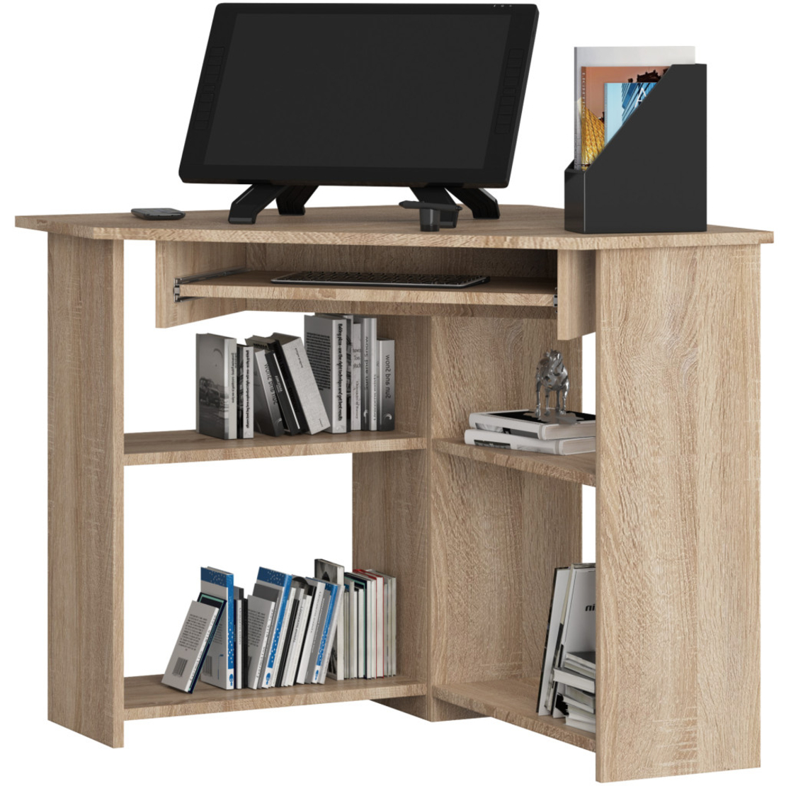 Birou de colt TED, cu rafturi si polita glisanta pentru tastatura, 80x80x74 cm, stejar sonoma