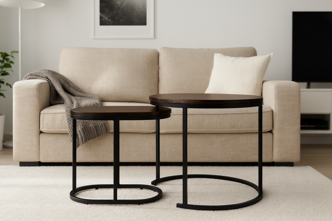 Set 2 masute cafea suprapozabile, MDF si metal, design modern, 60 cm si 50 cm, maro si negru
