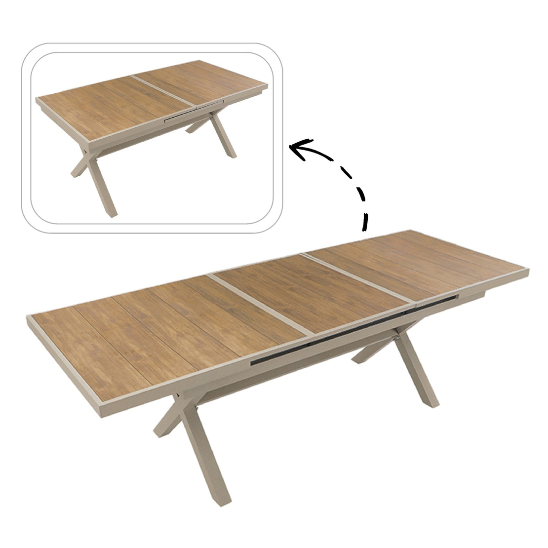 Masa gradina extensibila 180-240 cm din aluminiu cu blat aspect lemn, 180-240x90x76 cm, bej