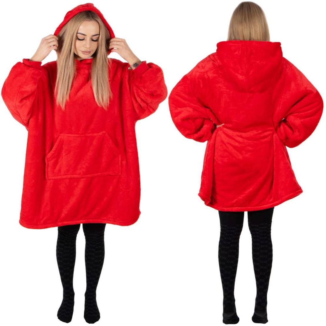 Hanorac tip patura oversize din fleece moale, cu gluga si buzunar mare, rosu