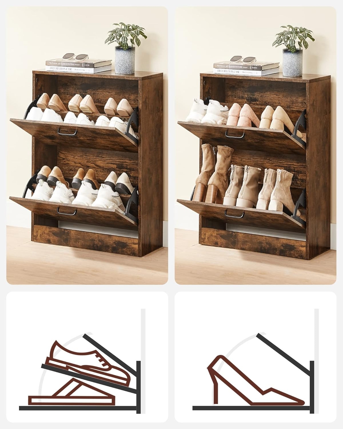 VASAGLE Dulap pantofi cu 2 usi rabatabile, din MDF, pentru 8-12 perechi, 60x24x84cm, maro rustic