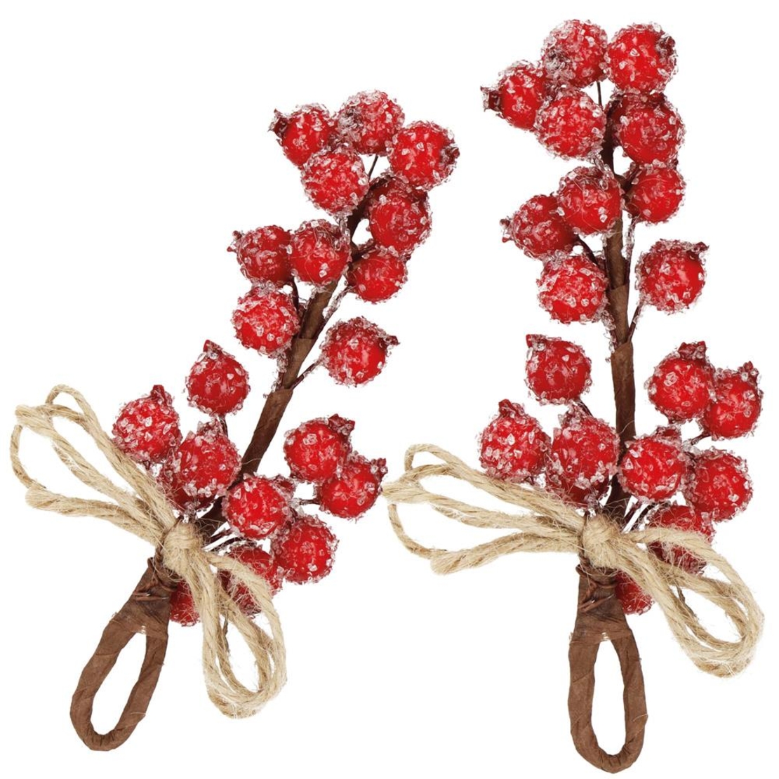 Ramura decorativa cu boabe de merisoare artificiale si snur din iuta, 15x5,5 cm, rosu