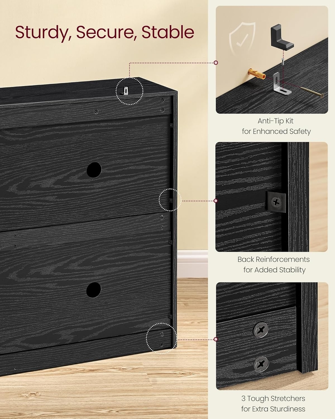 VASAGLE Dulap pantofi 4 clapete, compartimentare reglabila, 16-28 perechi de incaltaminte, 106x24x83 cm, negru abanos