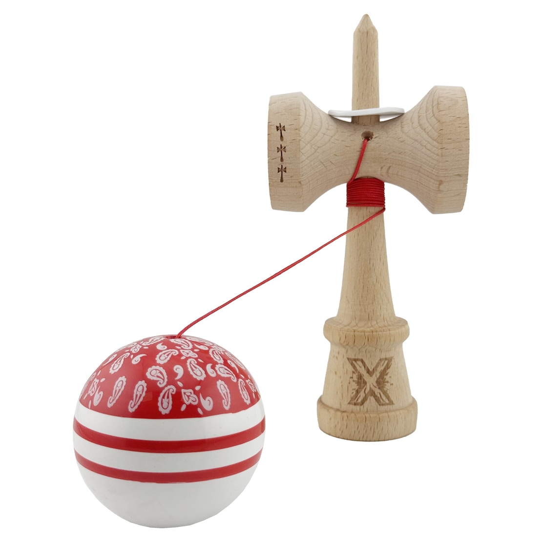 Kendama X Originala CHICANOS, Profesionala, Flippy, Cupe Mari KING SIZE V3, Super Sticky, Gaura in Baza, Rulment Metalic, din lemn 18 cm, Ata 62/65 cm, Rosu/Alb