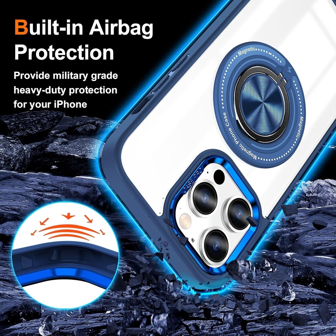 Husa de Protectie TPU, Vafy, pentru iPhone 16 Pro, cu Incarcare Wireless, Tehnologie Magsafe, Inel Magnetic Rotativ cu Functie de Suport, Transparent-Albastru Inchis