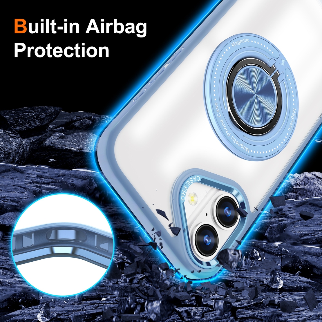 Husa de Protectie TPU, Vafy, pentru iPhone 16, Anticadere, cu Incarcare Wireless, Tehnologie Magsafe, Inel Magnetic Rotativ cu Functie de Suport, Transparent-Albastru Deschis