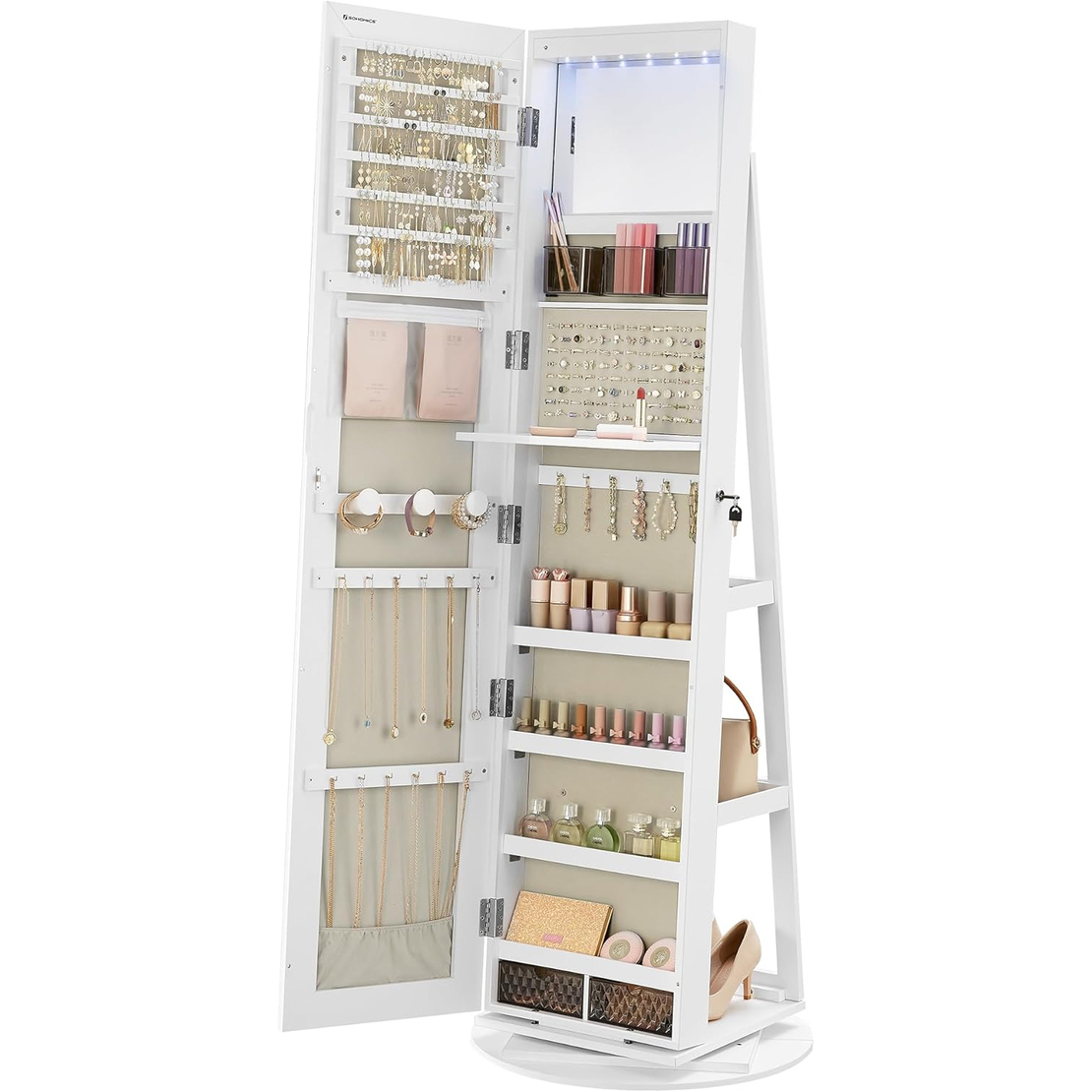 SONGMICS Oglinda de podea cu suport rotativ la 360°, cu spatiu de depozitare, material MDF, 55x55x162 cm, alb