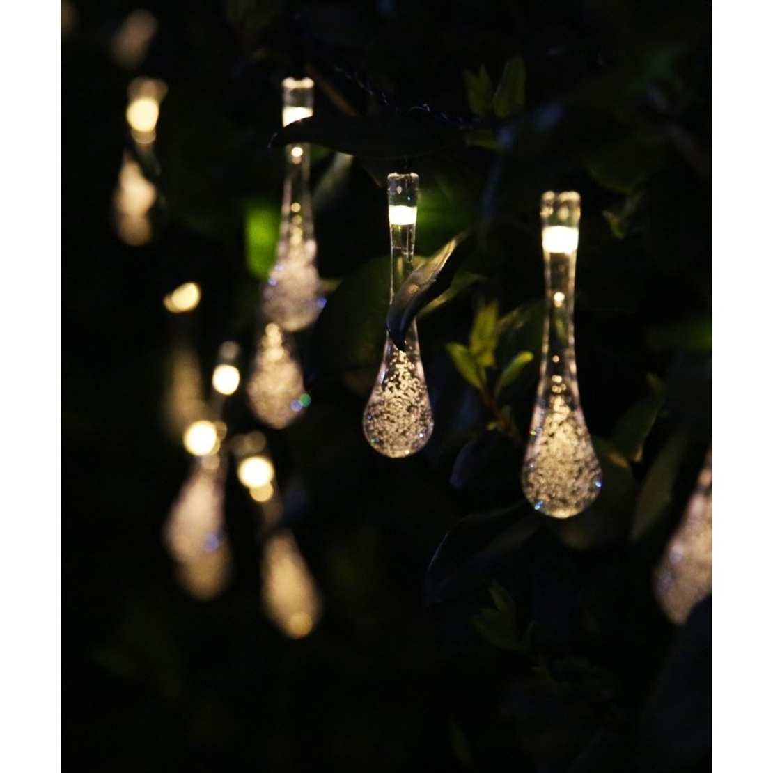 Instalatie Craciun, Tip Picaturi, 30 Led-uri, 6.5 metri, Alb cald, Energie solara, Senzor de lumina, Vafy