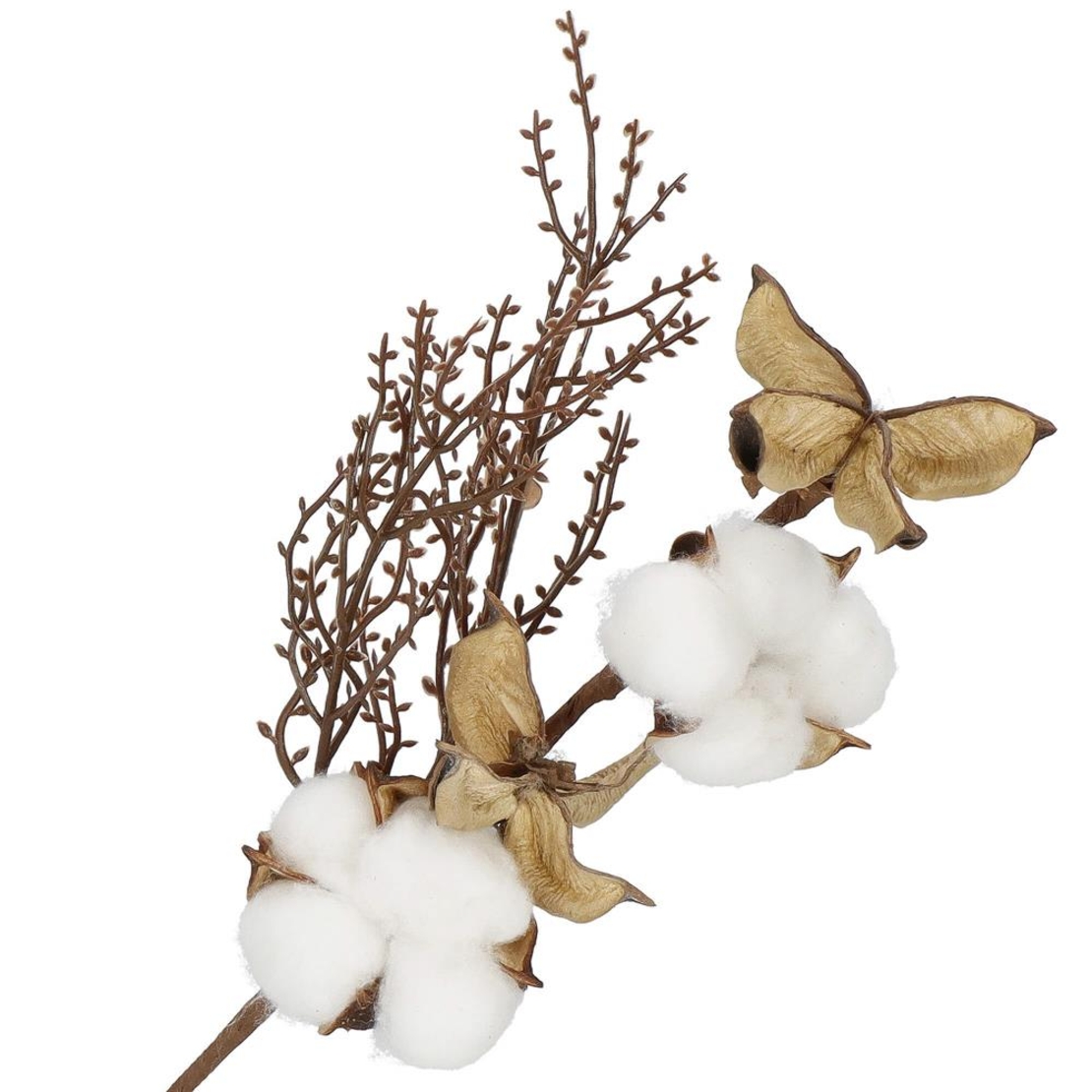 Ramura decorativa Craciun cu bumbac si plante uscate, 37 cm, alb/maro