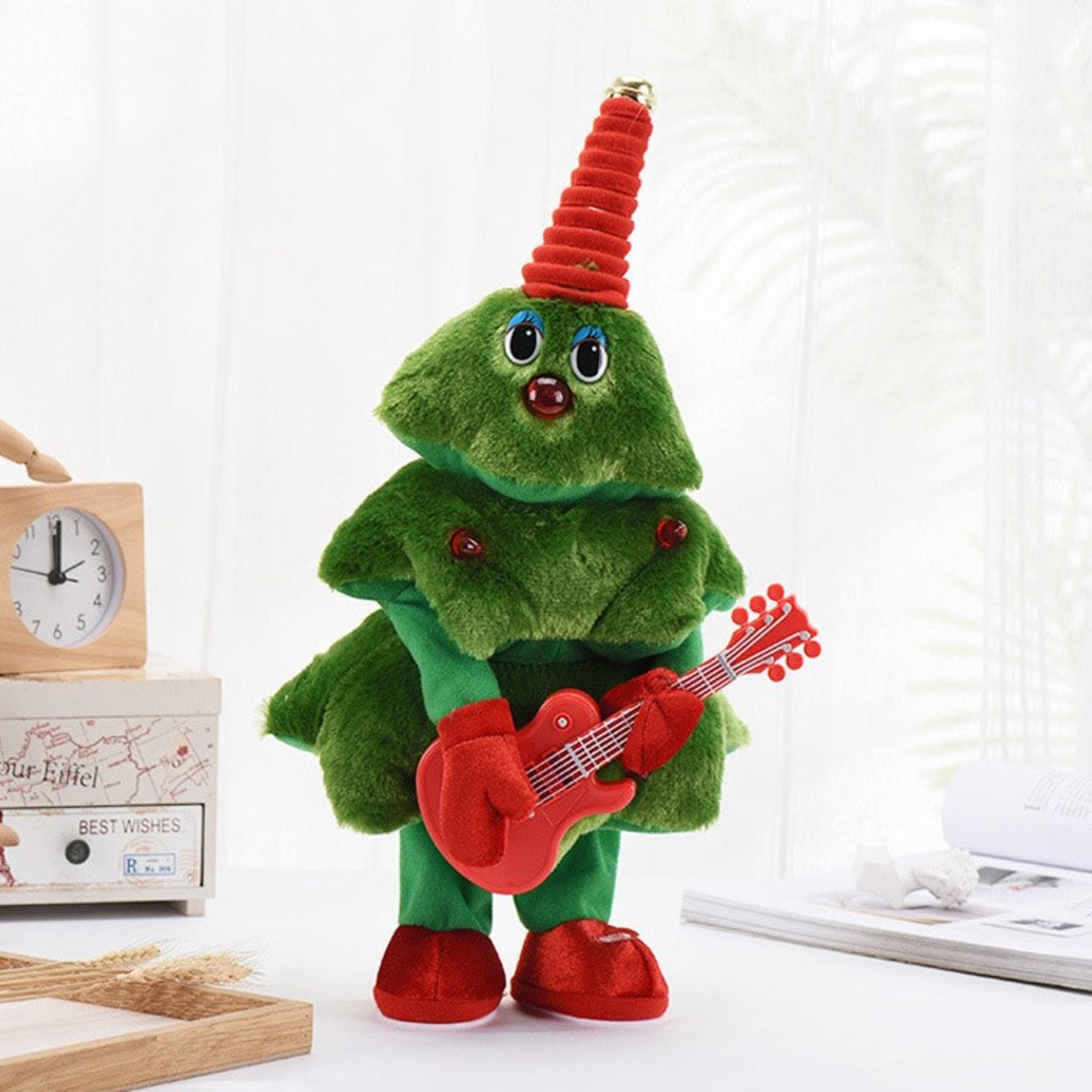 Bradut Dansator si Cantaret, Flippy, Decoratiune de Craciun, Jucarie Interactiva, cu Chitara, cu Lumini, 25 cm Inaltime, Verde