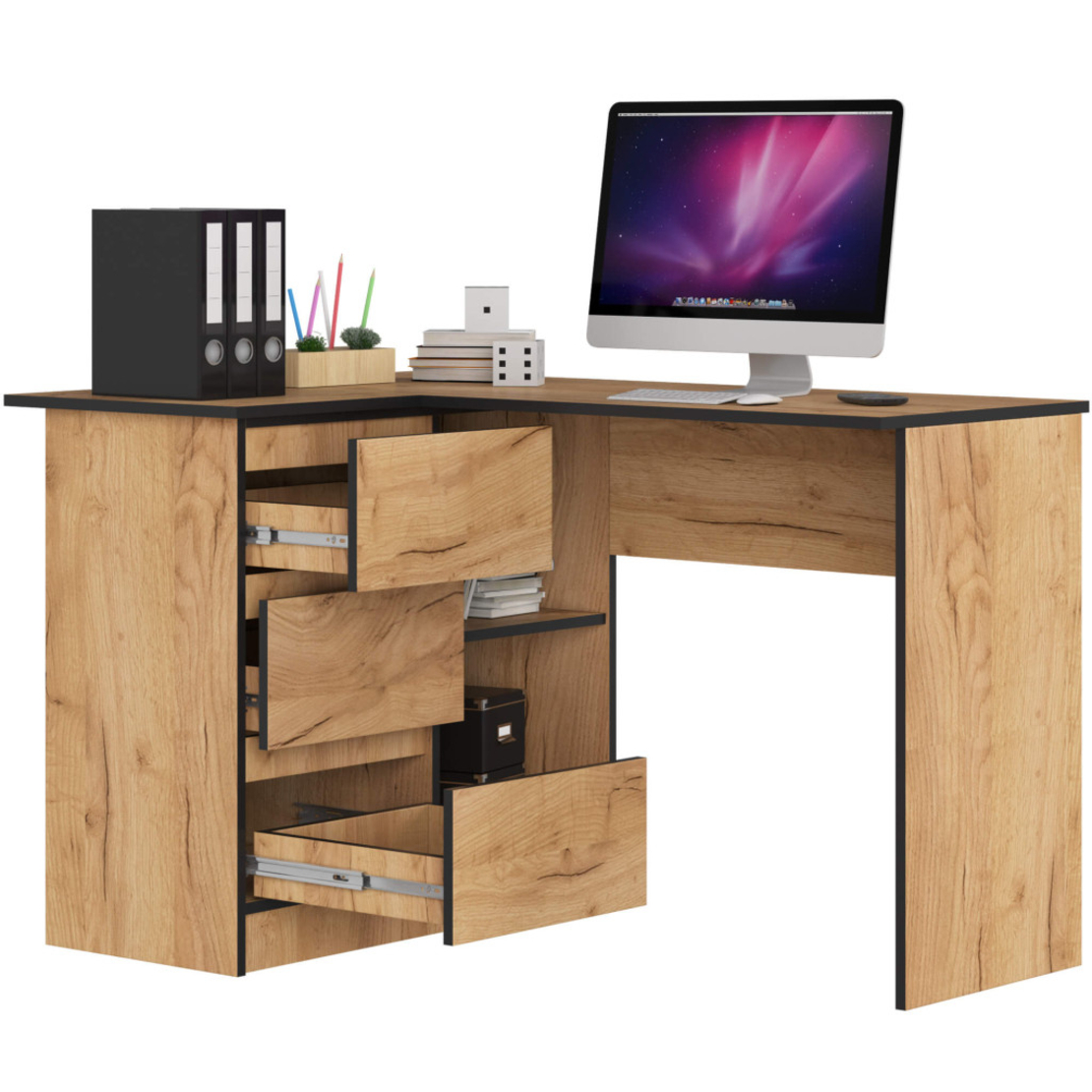 Birou colt stanga, cu 3 sertare si rafturi, PAL laminat, 124x85x77 cm, stejar craft