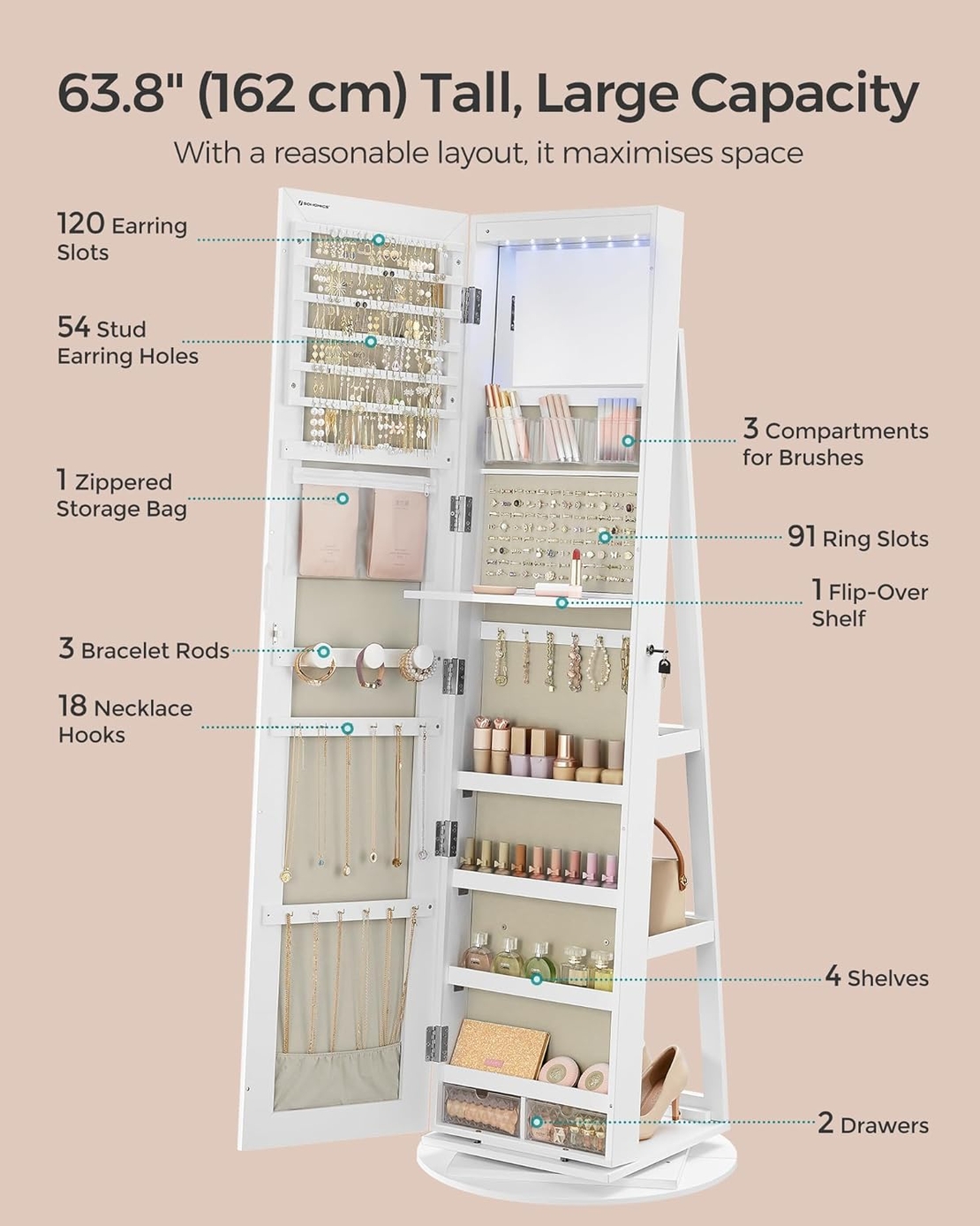 SONGMICS Oglinda de podea cu suport rotativ la 360°, cu spatiu de depozitare, material MDF, 55x55x162 cm, alb