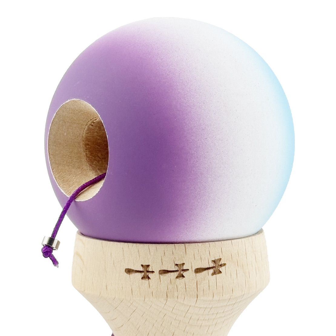 Kendama X Originala, Profesionala, Flippy, Cupe Mari KING SIZE V3, Rubber Grip, Gaura in Baza, Rulment Metalic, din lemn 18 cm, Ata 62/65 cm, Gradient Albastru deschis/Alb/Mov