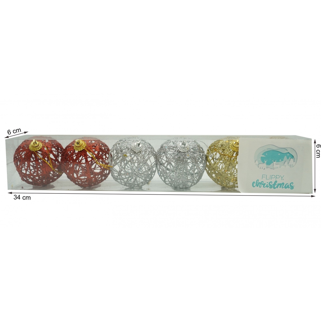 Set de 6 ornamente de brad, Flippy, de tip Glob, Multicolor, cu ø de 6 cm, din metal, cu finisaj sclipitor , cutie 6 cm adancime x 34 cm lungime x 6 cm inaltime