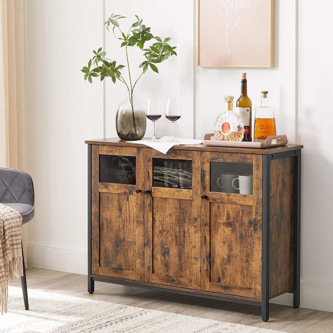 VASAGLE Comoda cu 3 usi din sticla, cadru metalic, stil industrial, 35x100x75 cm, maro rustic