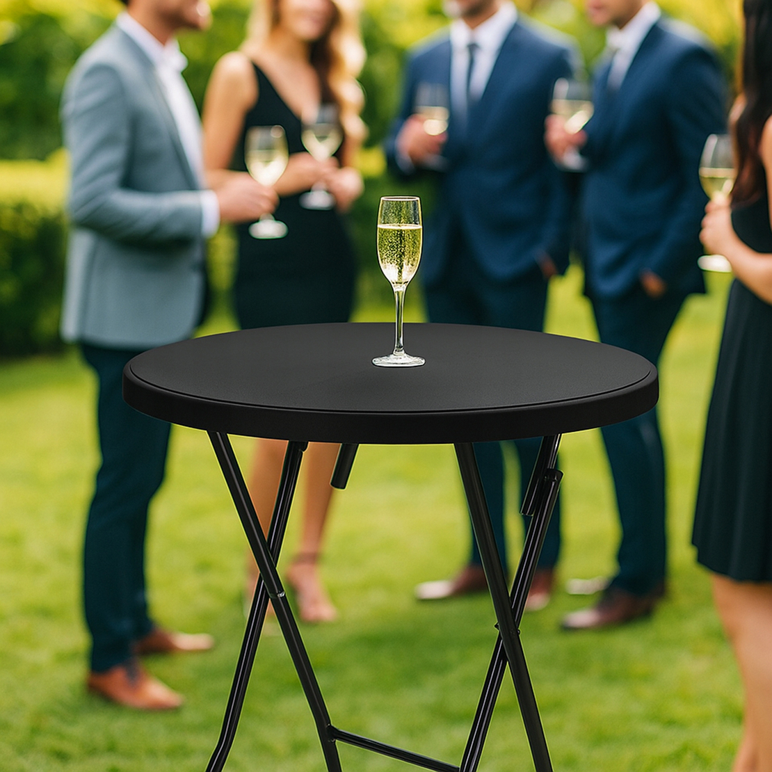 Masa catering profesionala pentru evenimente, inalta, cu picioare metal pliabile, rotunda, d 80 cm, h 110 cm, negru